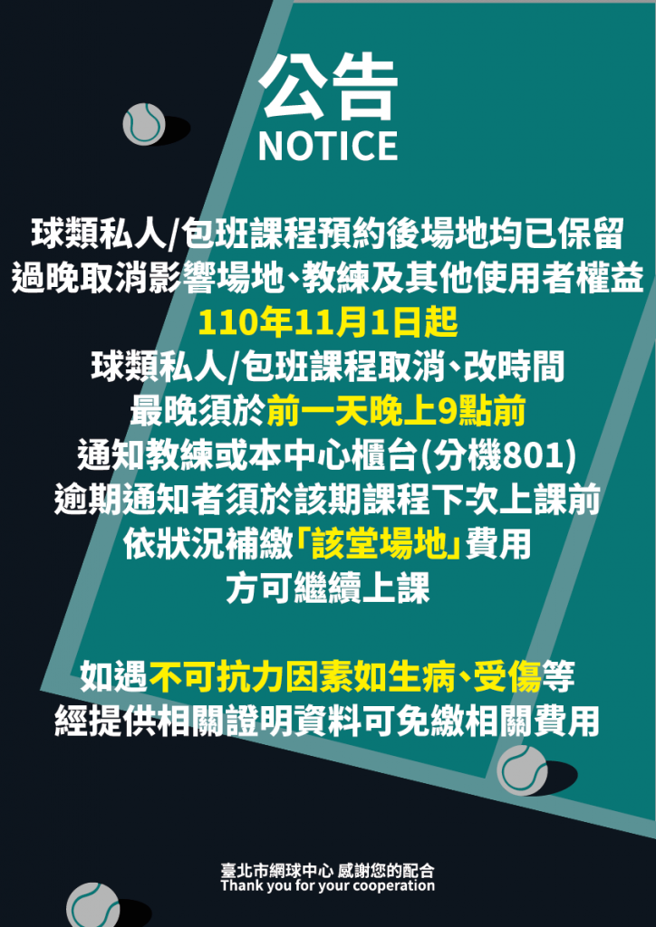 球類私人/包班課程預約後場地均已保留，過晚取消影響場地、教練及其他使用者權益。 110年11月1日起球類私人/包班課程取消、改時間，最晚須於前一天晚上9點前通知教練或本中心櫃台(分機801)，逾期通知者須於該期課程下次上課前，補繳「該堂場地」費用，方可繼續上課。 如遇不可抗力因素如生病、受傷等，經提供相關證明資料，可免繳相關費用。